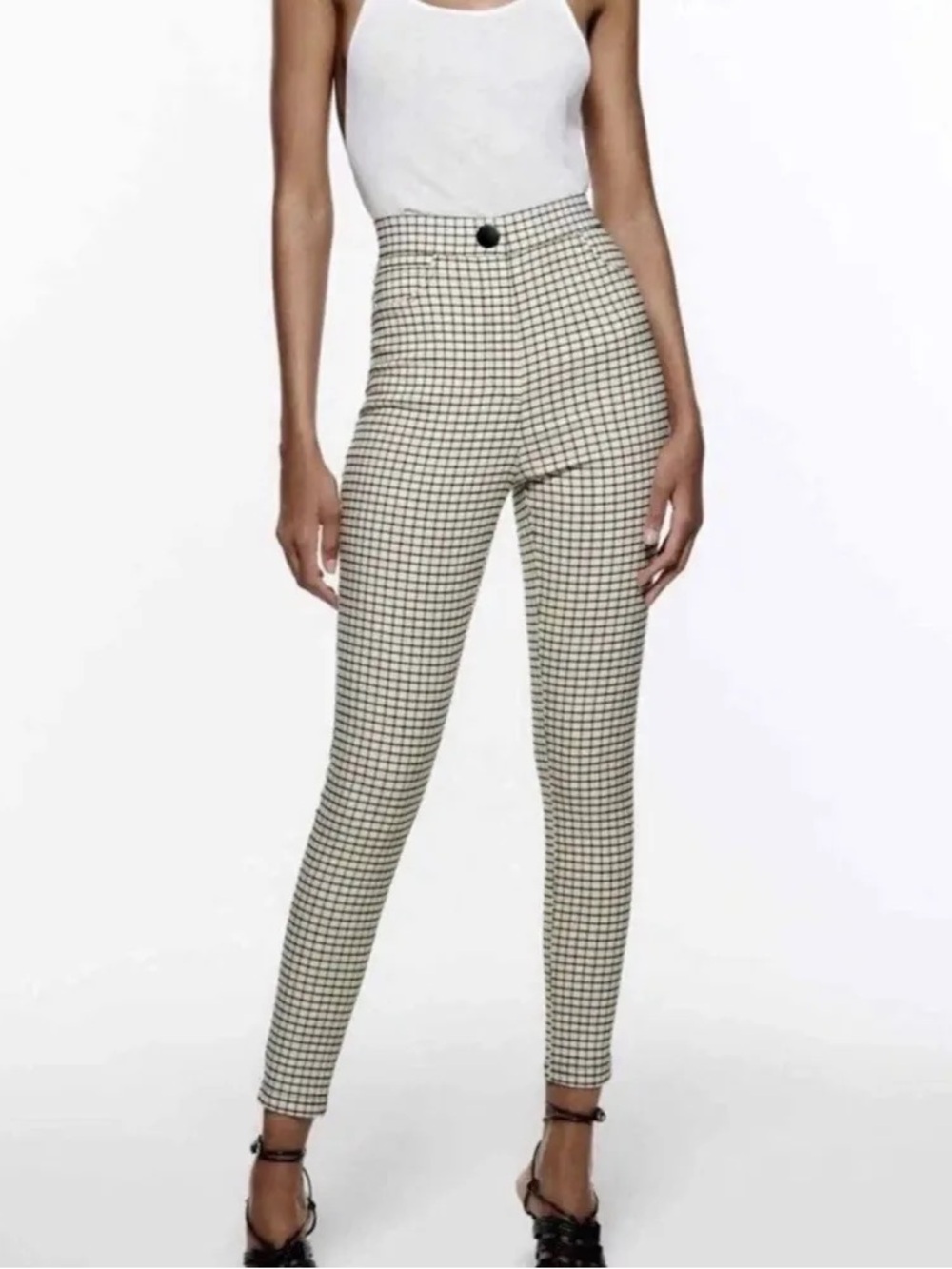 Zara High-Rise Grid Print Skinny Pants Black Beige Plaid Size 5